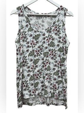 LOFT White Floral Scoop Neck Tank with Pink & Green Accents